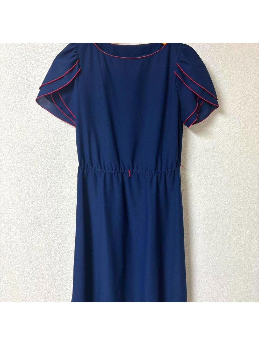 Vintage Navy Blue Dress with Red Trim
